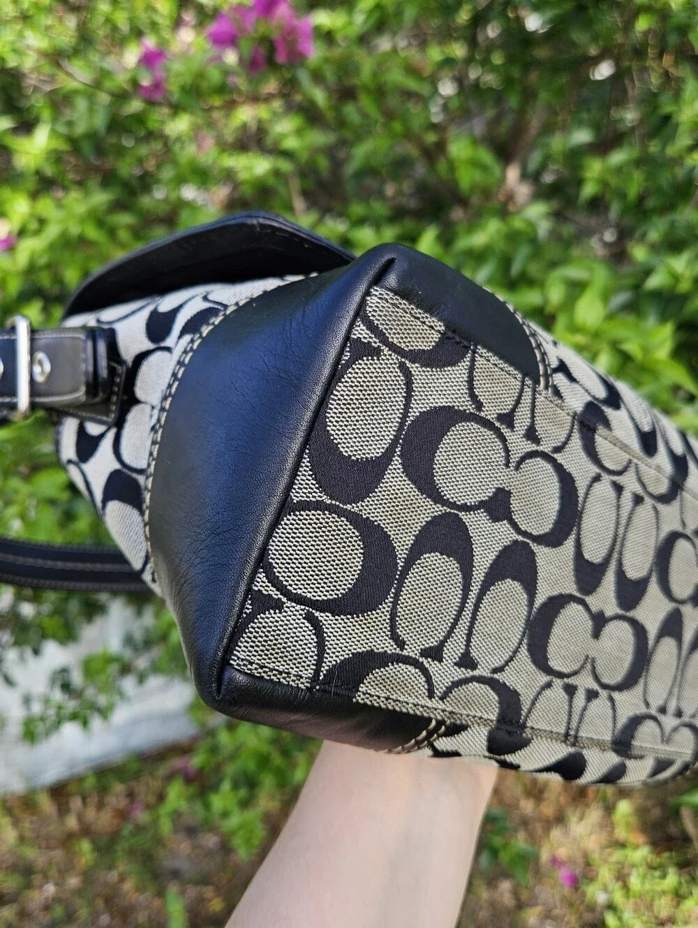 Coach Hampton F13066 Black Signature Jacquard Turnlock Flap Shoulder Bag